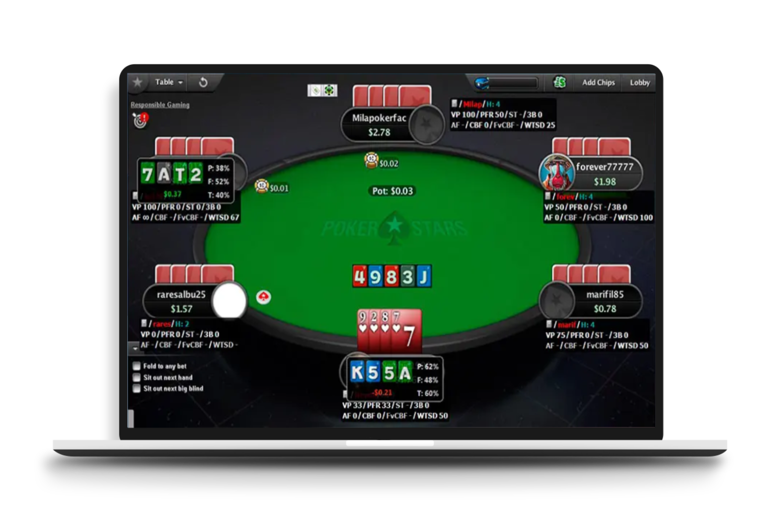 logiciel de tracking sur une table de poker cash game online.