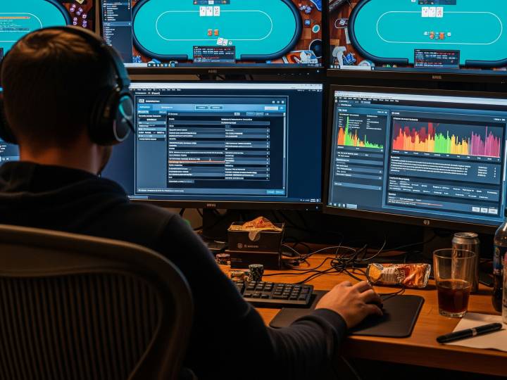 joueur de poker jouant en multitable avec solver RTA